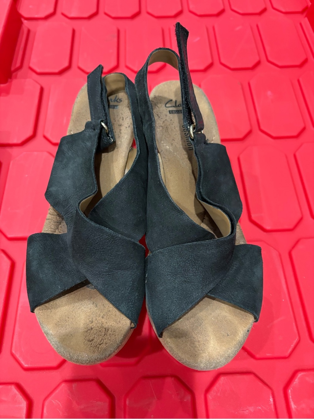 Clarks Black Suede Crisscross Slingback Wedge Sandals